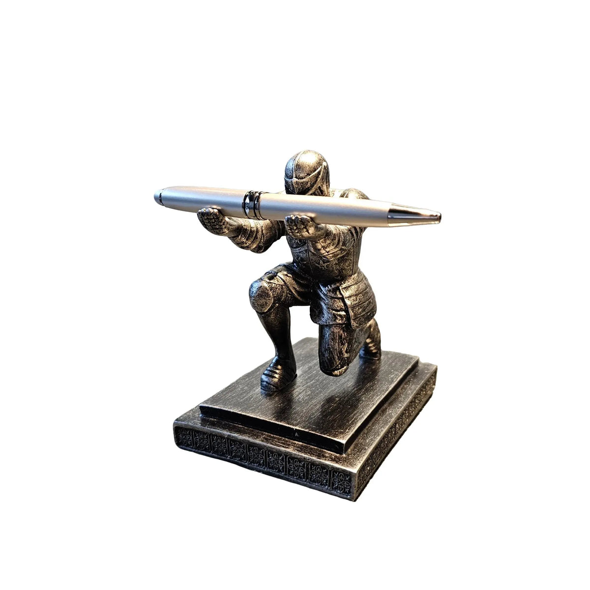 Kneeling Armored Figure Pen Holder, Antique Silver Finish