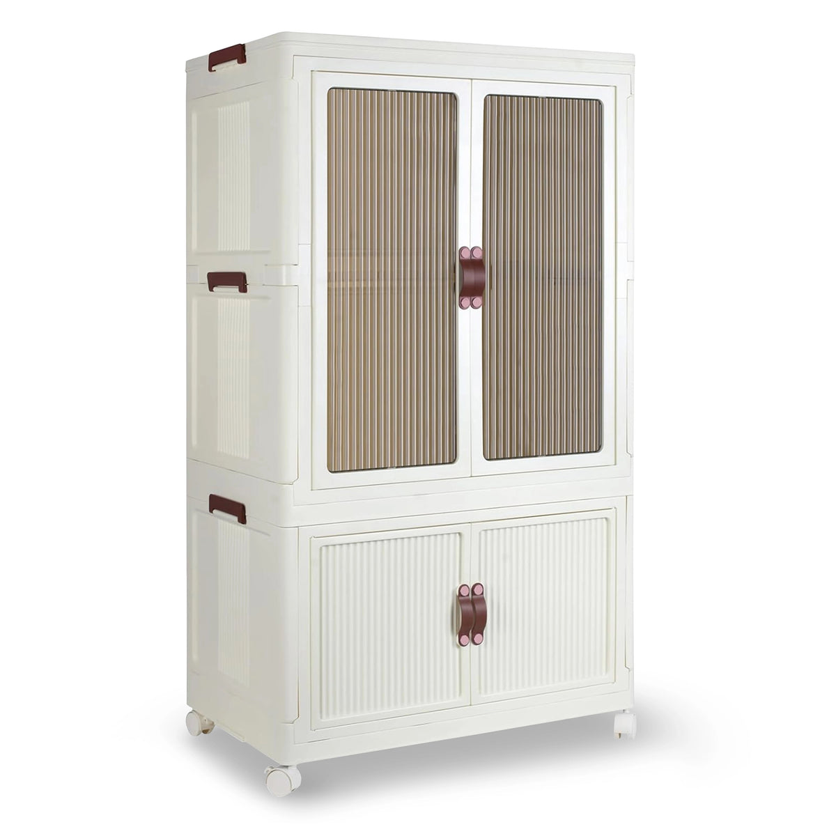 Cream Plastic Wardrobe Cabinet with Rolling Casters