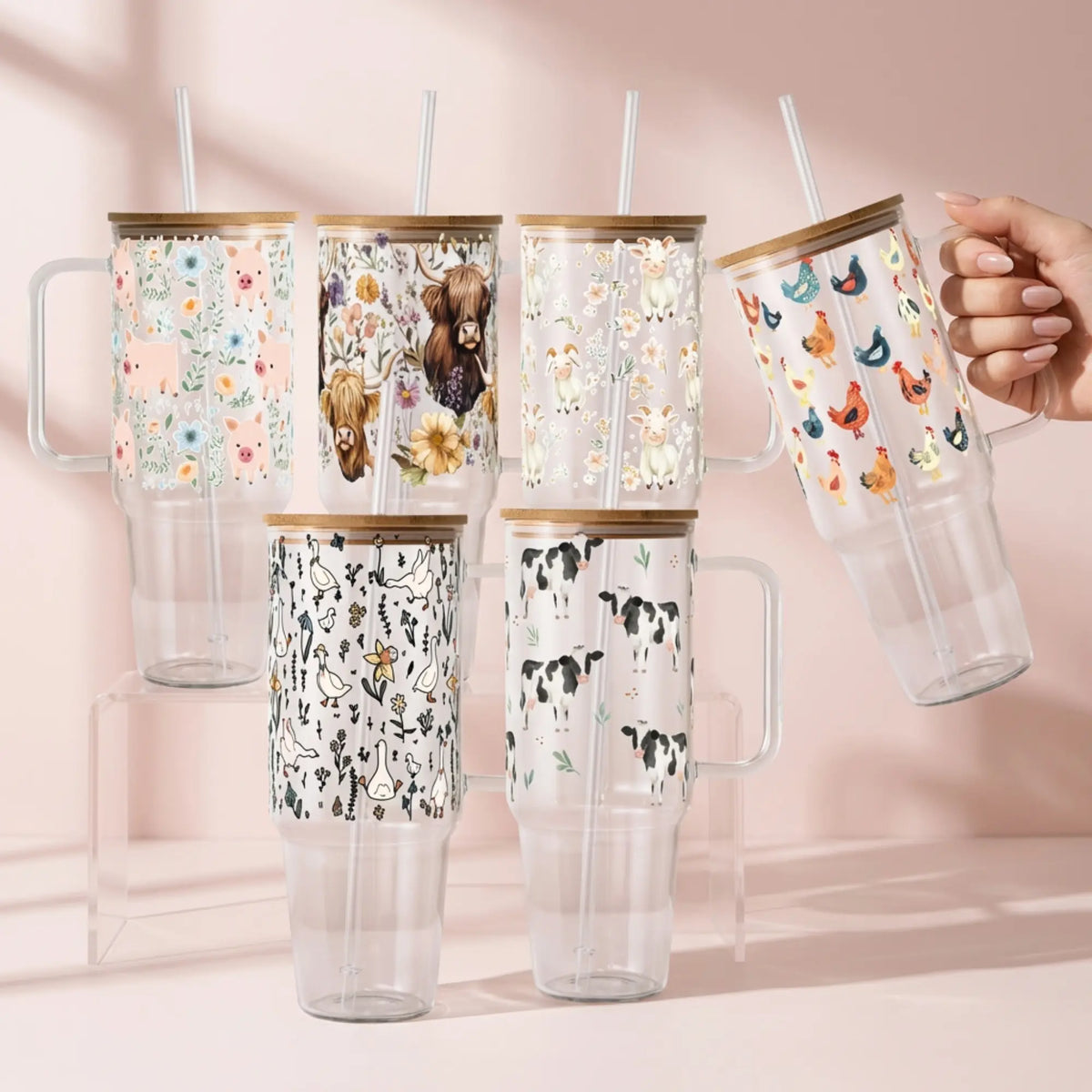 Glass Tumblers With Handles and Bamboo Lids