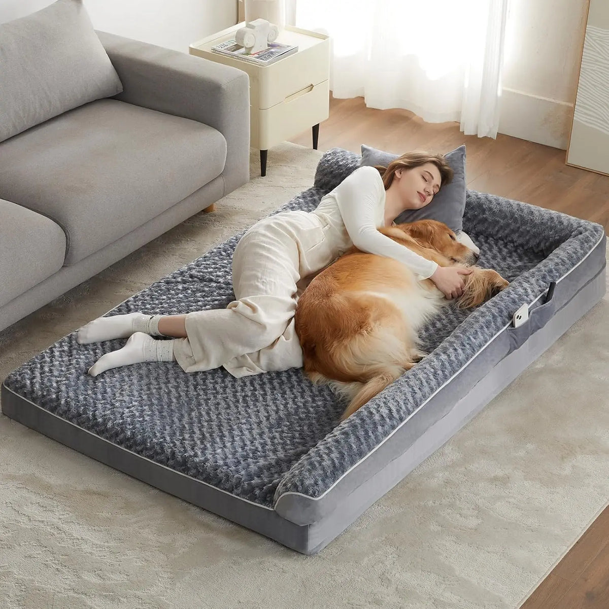 Large Rectangular Grey Plush Dog Bed with Raised Sides