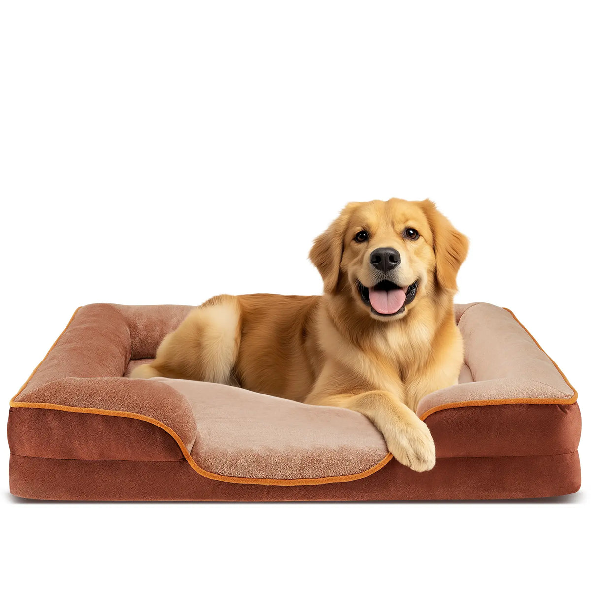 Rust Brown Bolster Dog Bed with Orange Piping