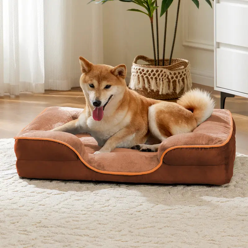 Rust Brown Bolster Dog Bed with Orange Piping