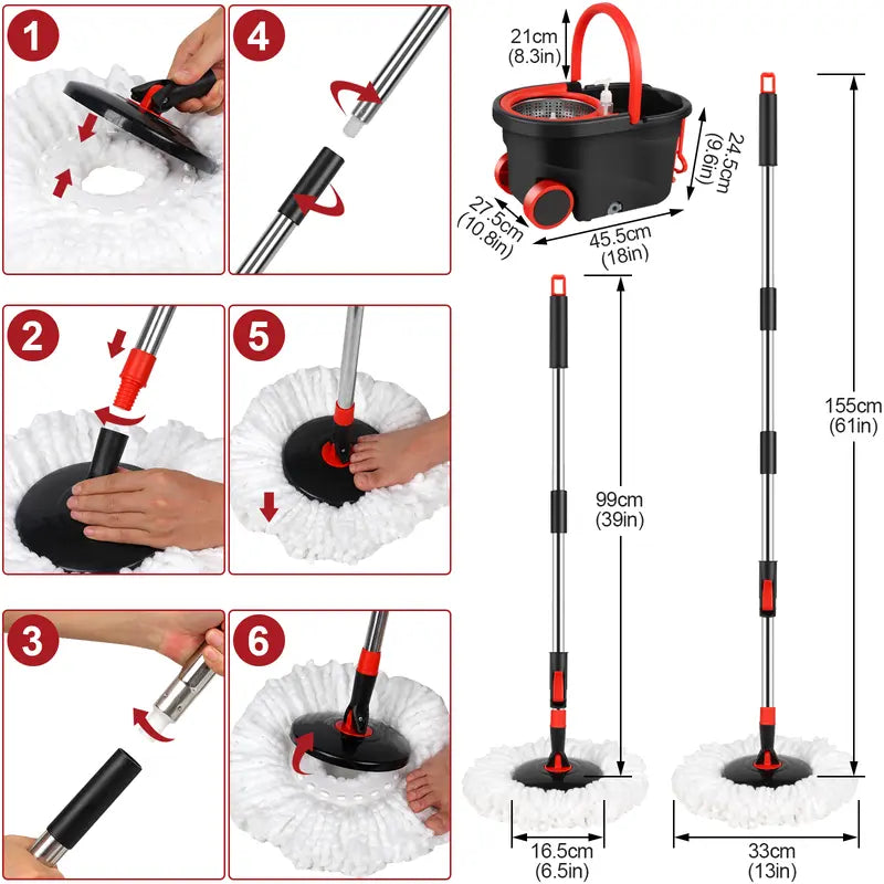 Black and Red Spin Mop with Wheeled Bucket