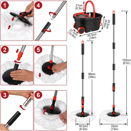 Black and Red Spin Mop with Wheeled Bucket