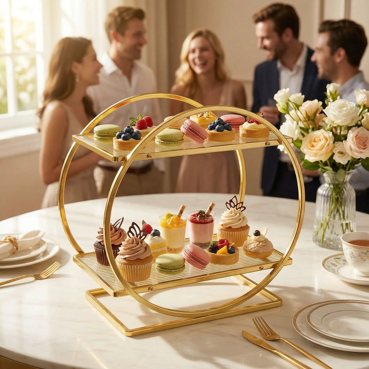 Two-Tier Gold Metal Round-Frame Serving Stand