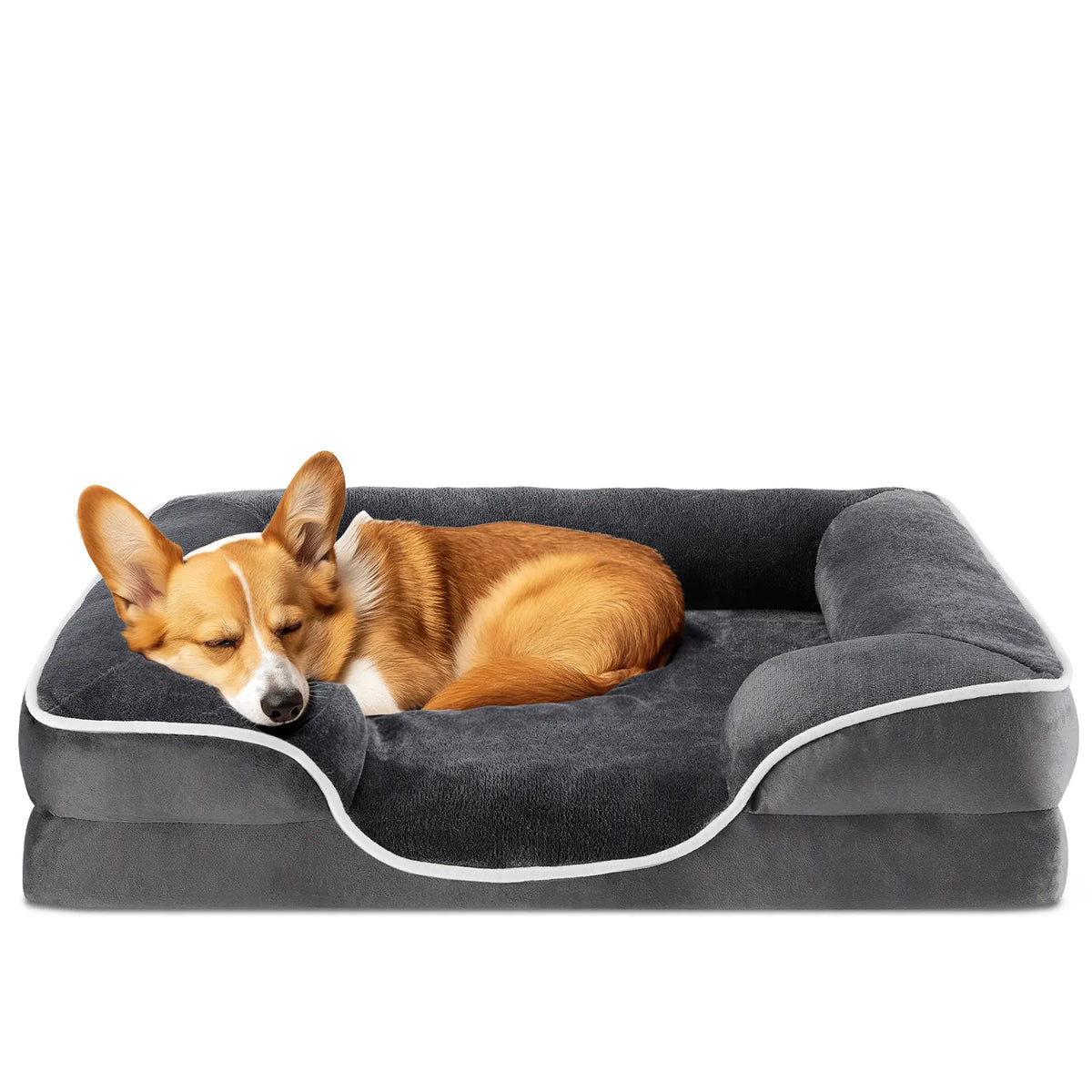 Grey Plush Bolster Dog Bed with White Trim