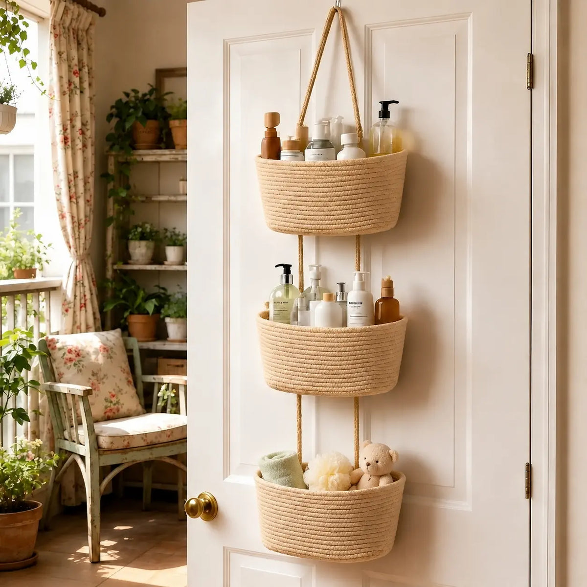Three Woven Rope Baskets for Hanging on a Door