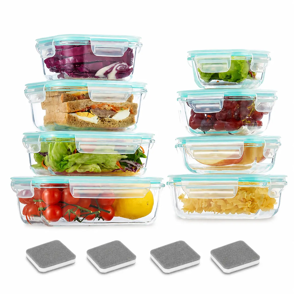 Glass Food Containers with Teal Snap Lids