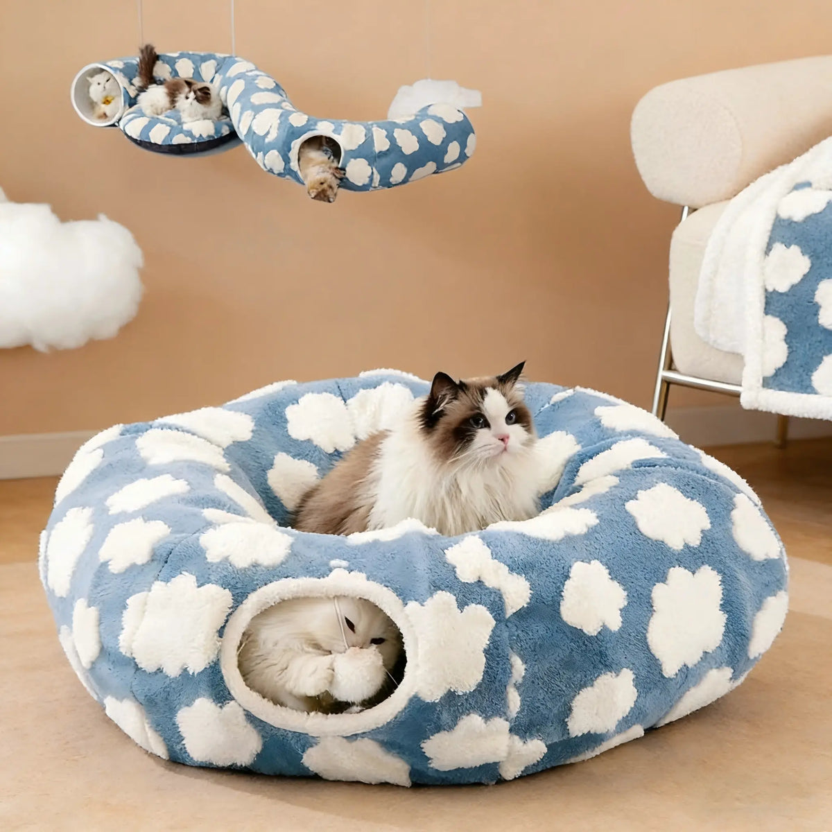 Blue Cloud Print Plush Cat Tunnel Bed