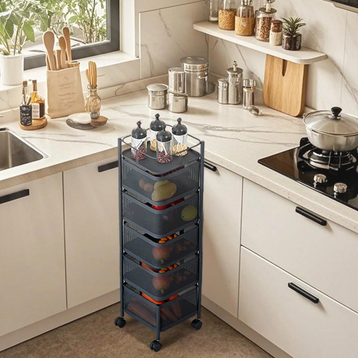 Five-Tier Rolling Mesh Basket Cart in Dark Gray
