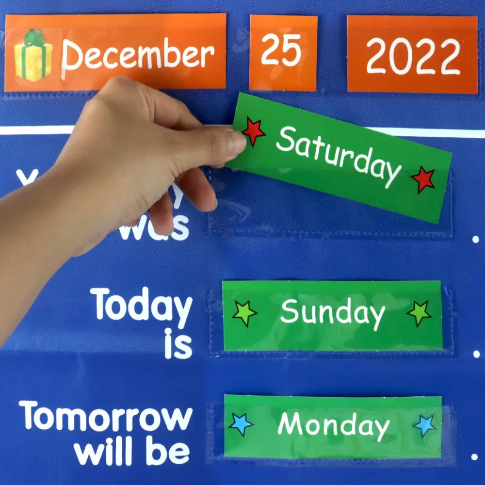 Blue Hanging Pocket Chart with Day and Weather Cards