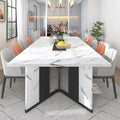 Long White Marble-Pattern Dining Table with Black Legs