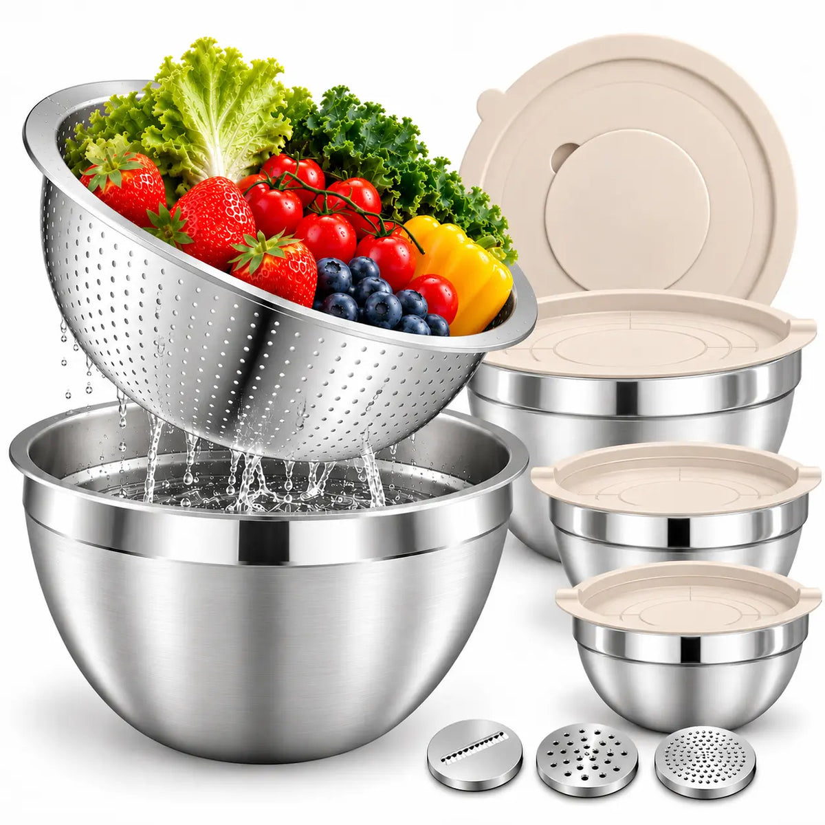 Nesting Steel Mixing Bowls with Colander and Lids
