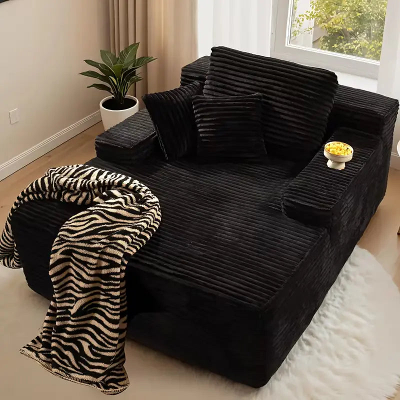 Black Ribbed Corduroy Chaise Lounge with Throw Pillows