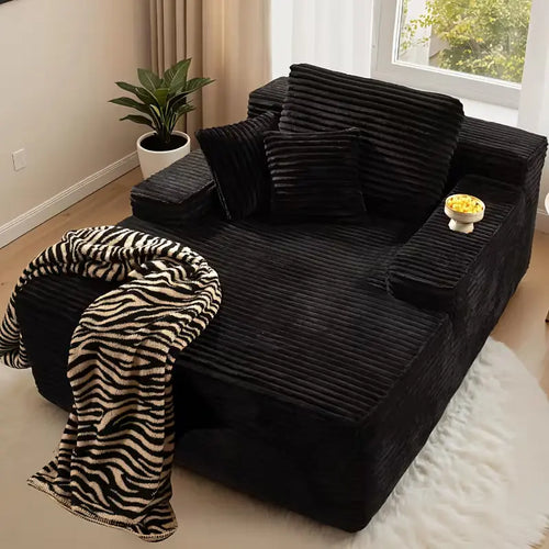 Black Ribbed Corduroy Chaise Lounge with Throw Pillows