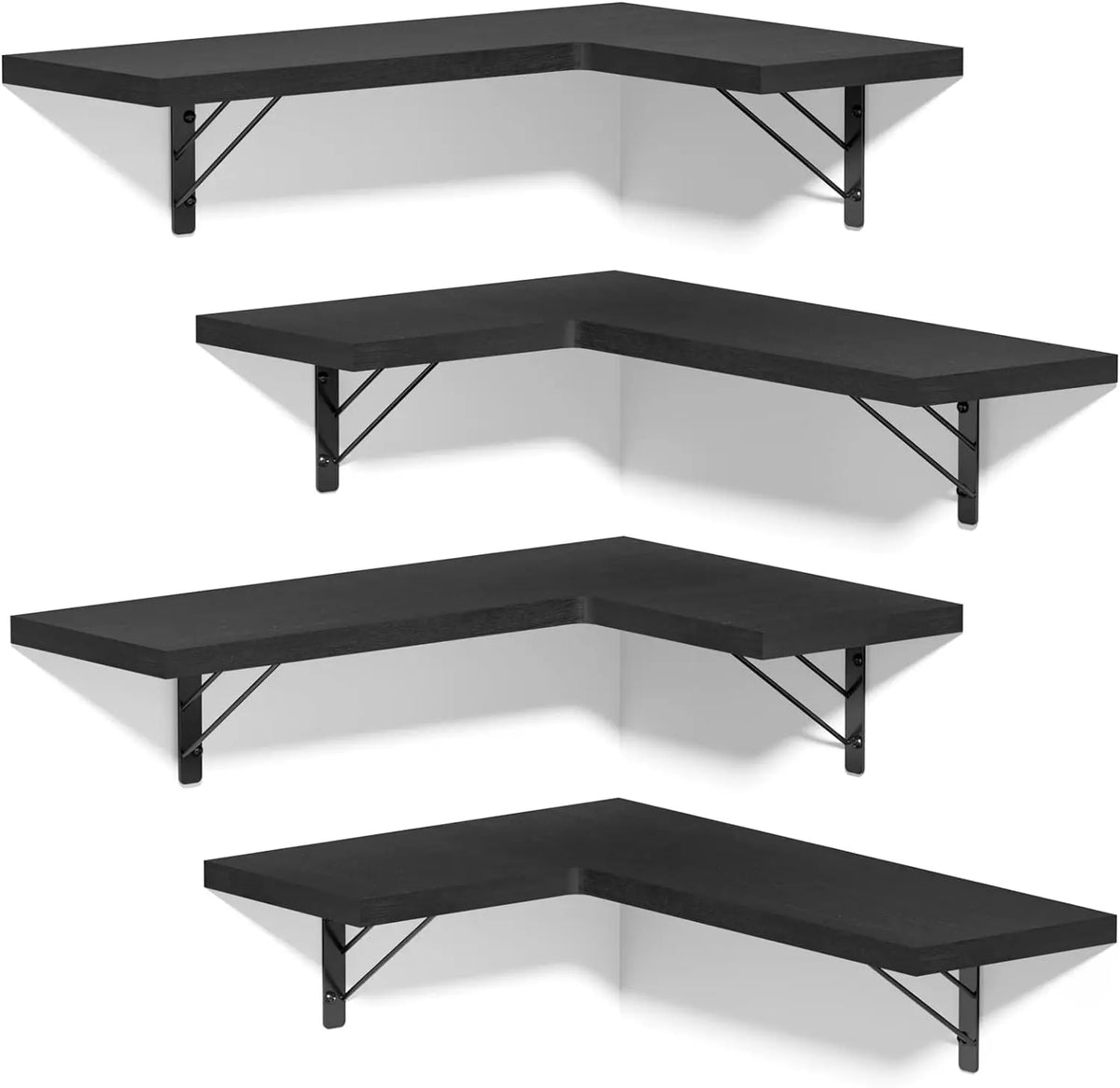 Four Black Wood Corner Wall Shelves with Brackets