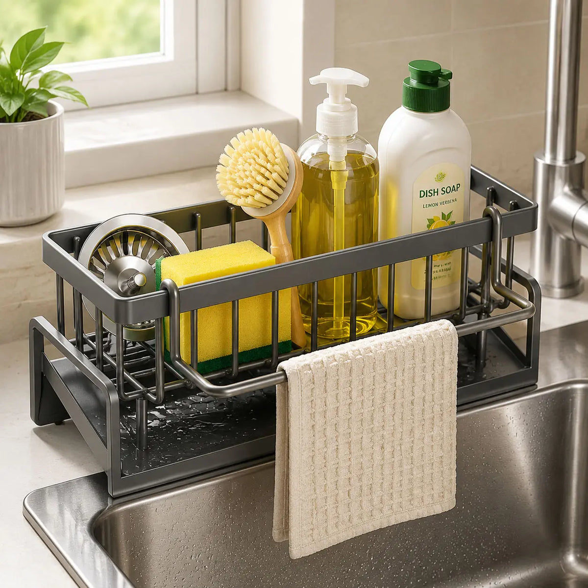 Dark Gray Metal Sink Caddy with Towel Bar