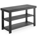 Black Slatted Bamboo Shoe Bench with Two Shelves