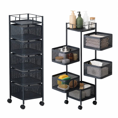 Black Mesh Rotating Storage Cart with Wheels