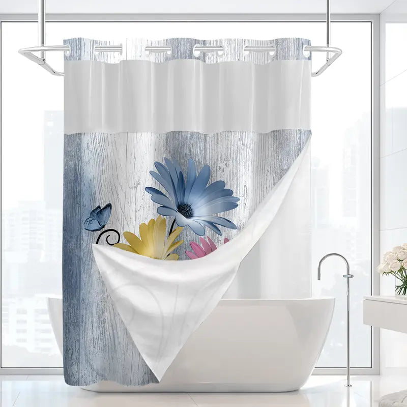 Daisy Print Shower Curtain with Wood Look Background