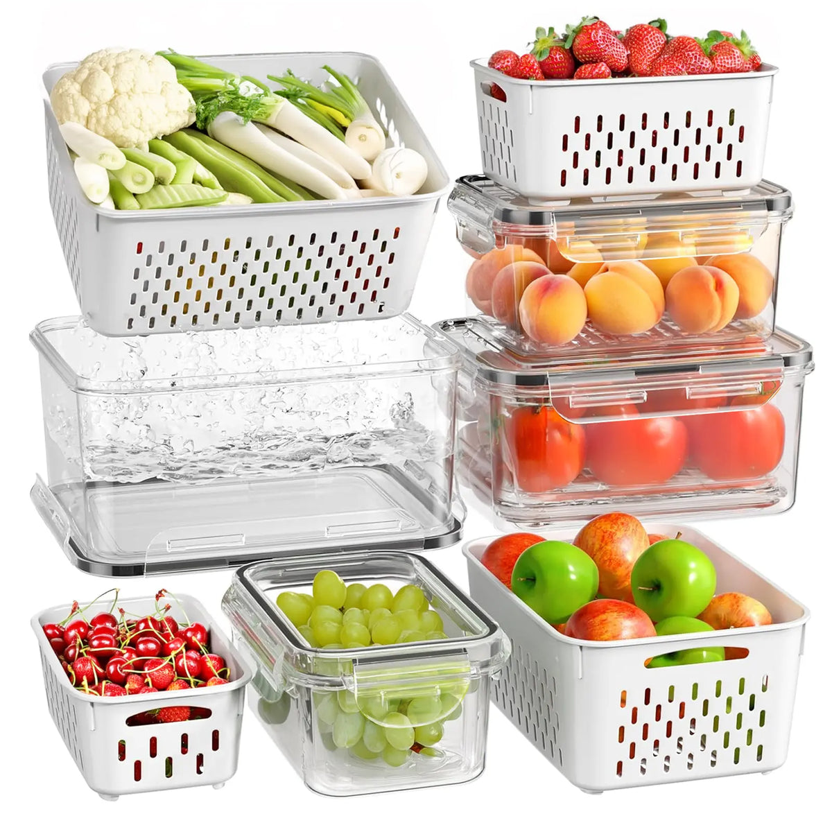 White Stackable Fridge Containers with Draining Baskets