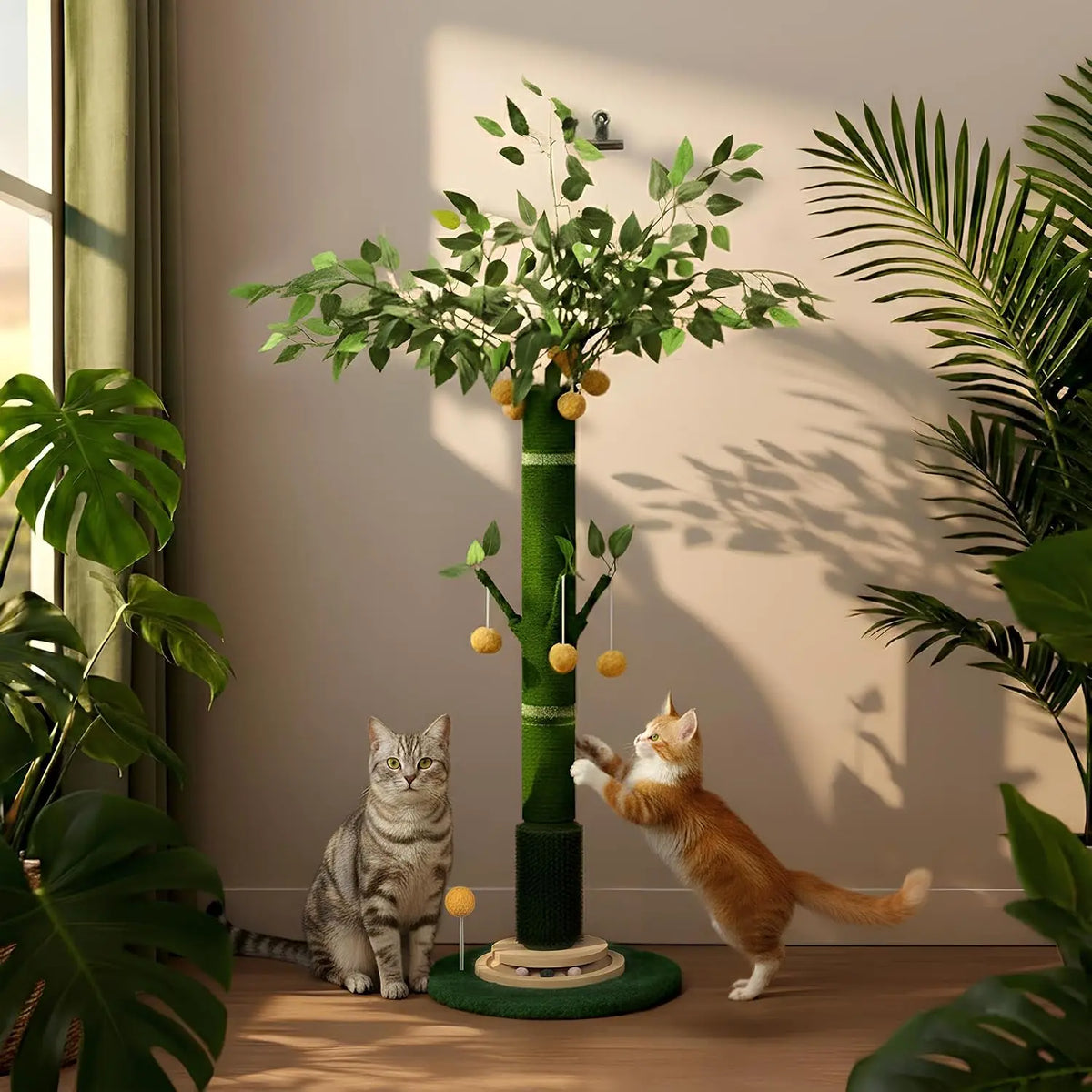 Tall Green Sisal Cat Scratching Post with Hanging Balls