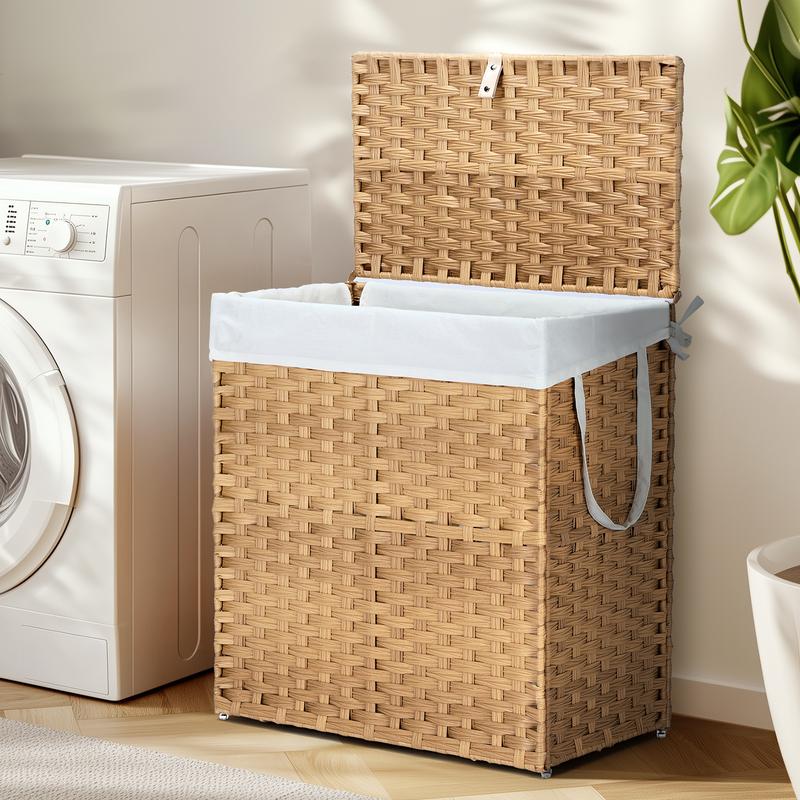 Woven Natural Laundry Hamper With Hinged Lid