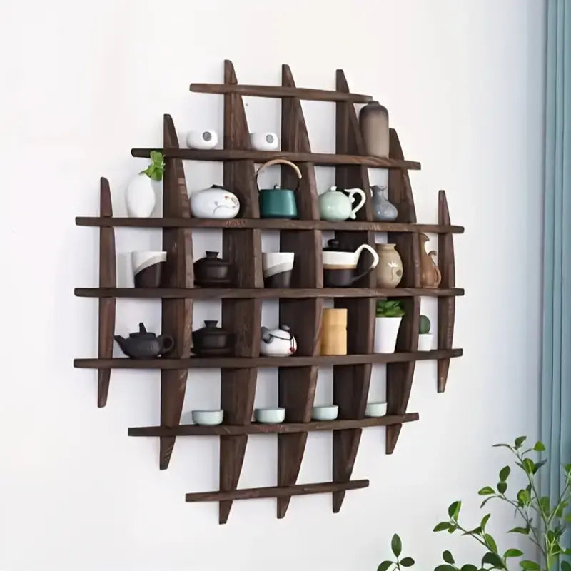 Round Dark Wood Wall Shelf for Teaware