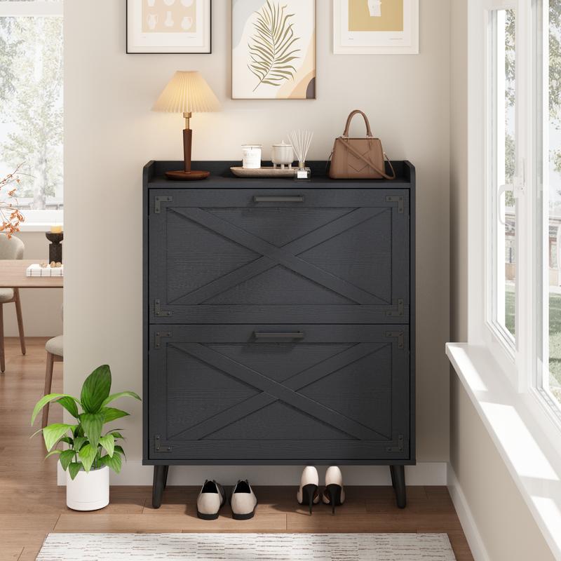 Black Two-Drawer Shoe Cabinet With Cross-Brace Fronts