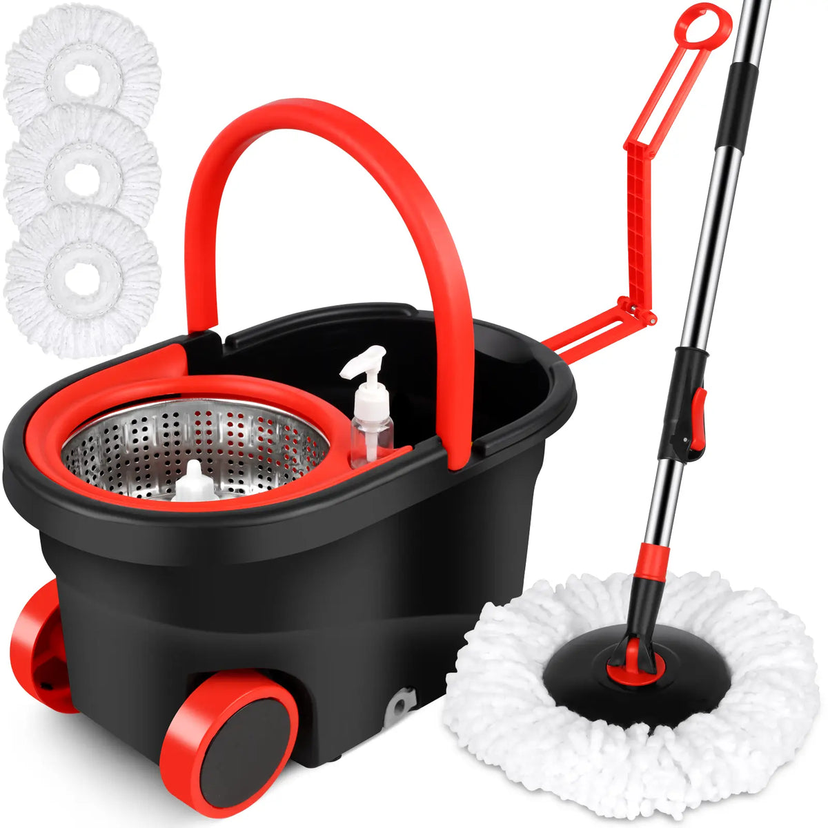Spin Mop and Wheeled Bucket Set in Black and Red