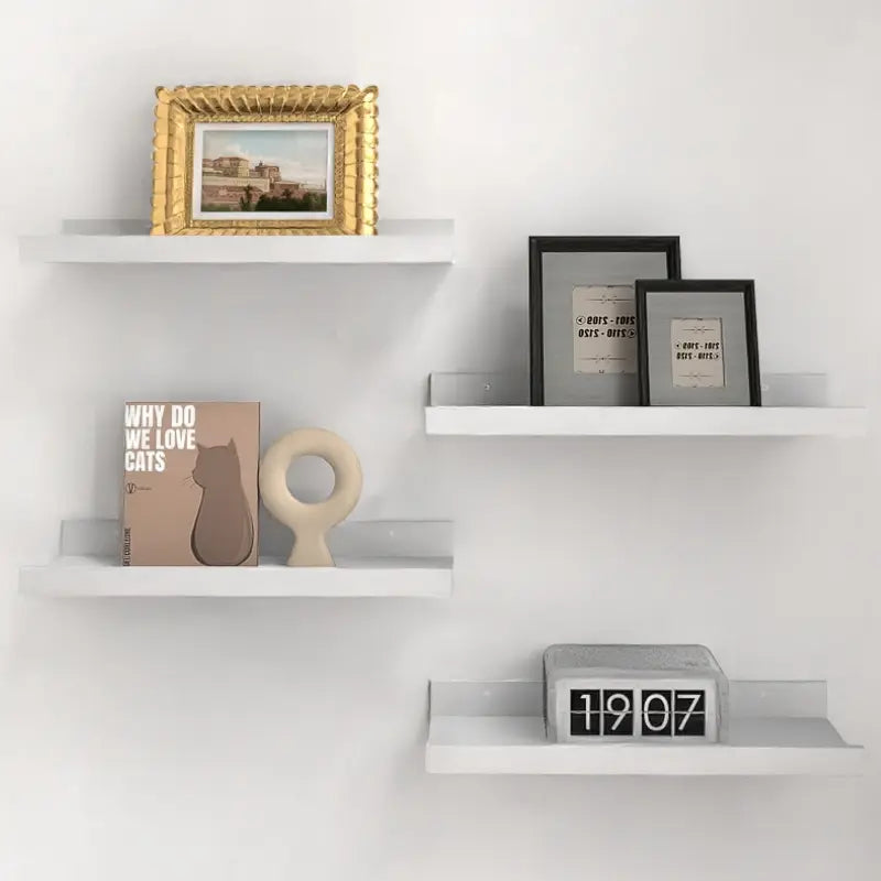 Four White Floating Wall Shelves with Front Lip