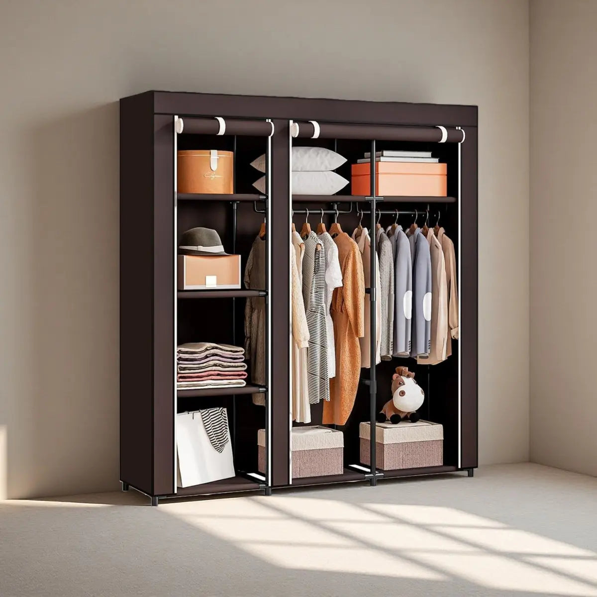 Brown Fabric-Covered Wardrobe with Hanging Rails