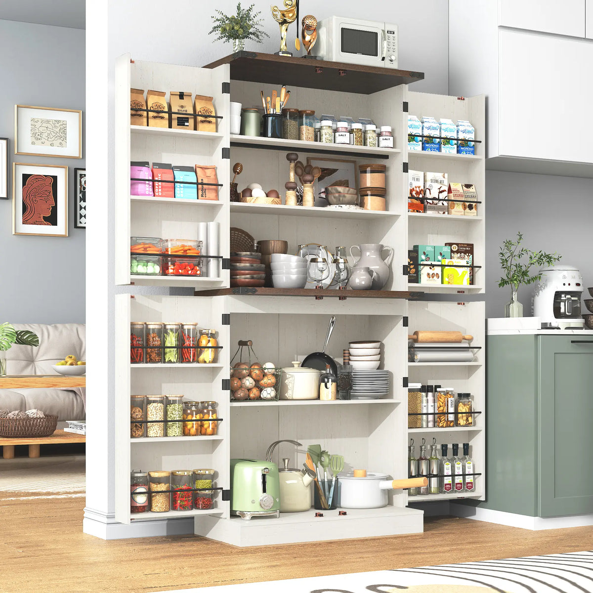 Tall White Kitchen Pantry Cabinet with Barn Doors