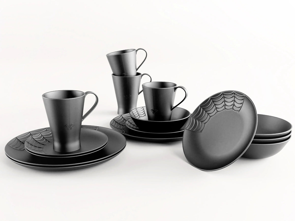Matte Black Dinnerware Set with Spiderweb Pattern