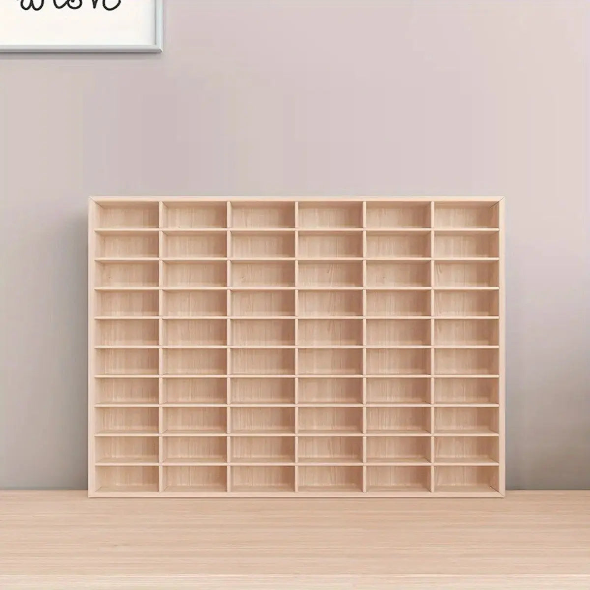 Light Wood Grid Display Shelf with Many Cubbies
