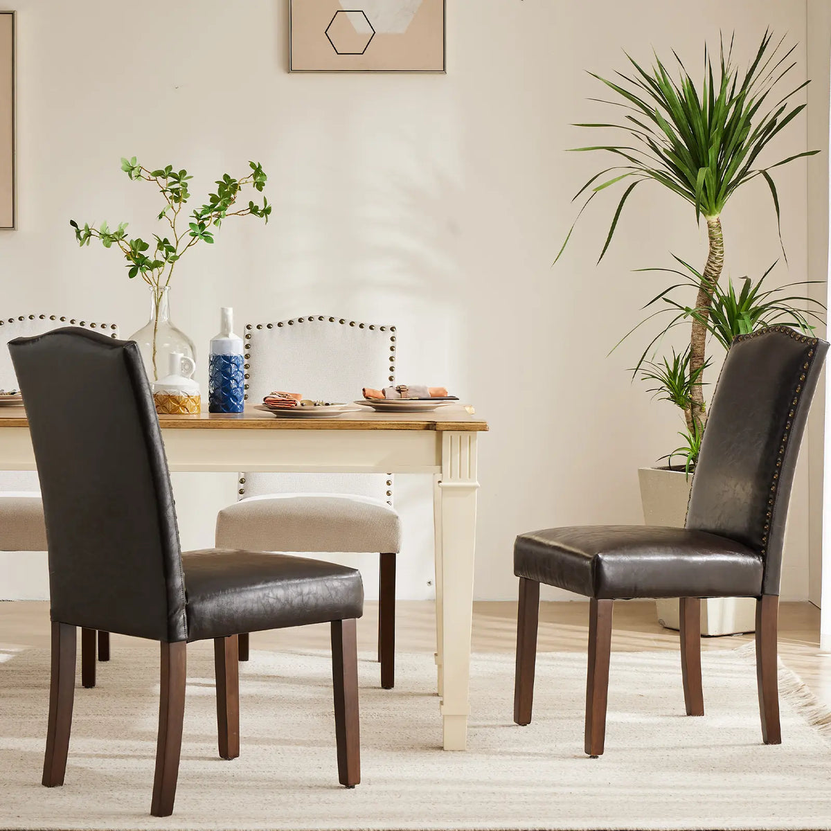 Dark Faux Leather Dining Chairs with Nailhead Trim