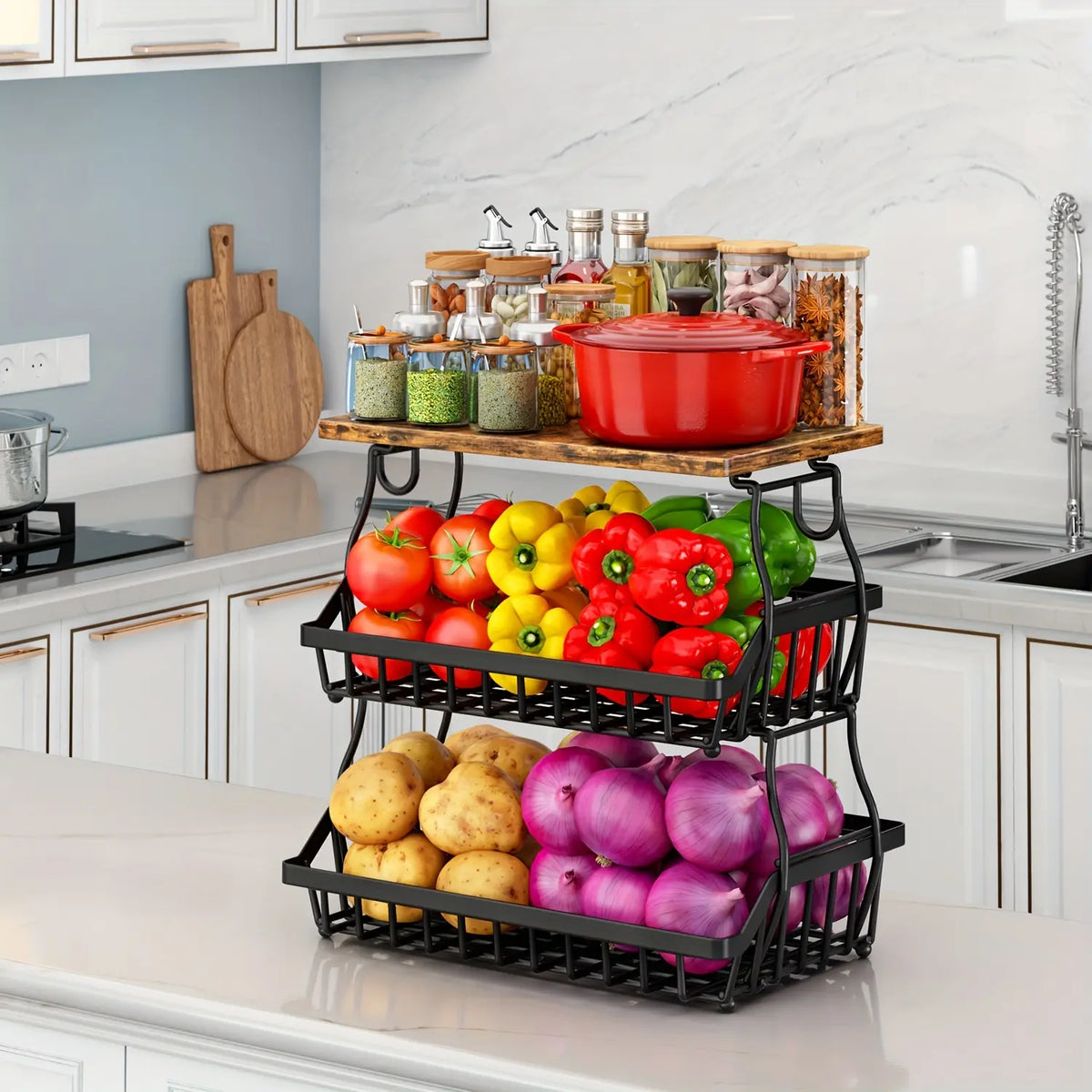Three-Tier Black Wire Produce Basket Stand