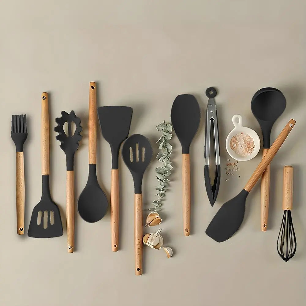 Black Silicone Cooking Utensil Set with Wooden Handles