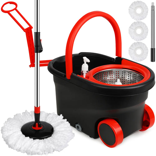 Black and Red Spin Mop with Wheeled Bucket