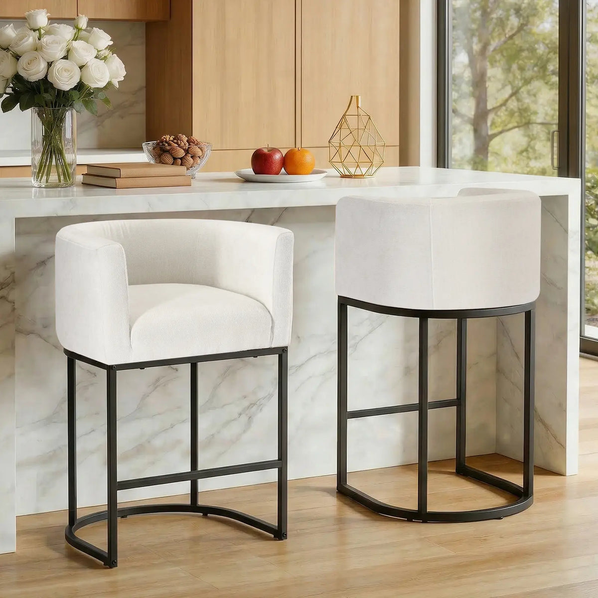 Cream Fabric Counter Stools with Black Metal Frames