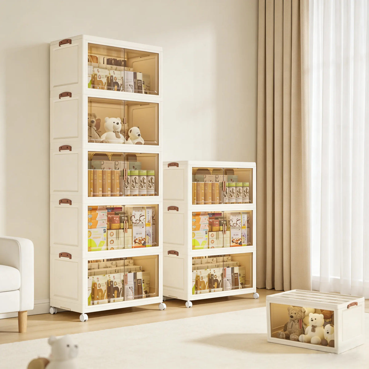 Cream Stackable Storage Cabinets with Clear Doors
