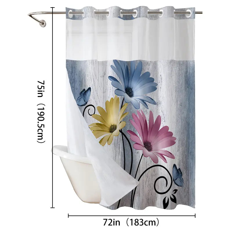 Daisy Print Shower Curtain with Wood Look Background
