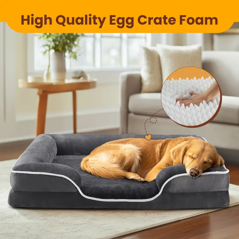 Grey Plush Bolster Dog Bed with White Trim
