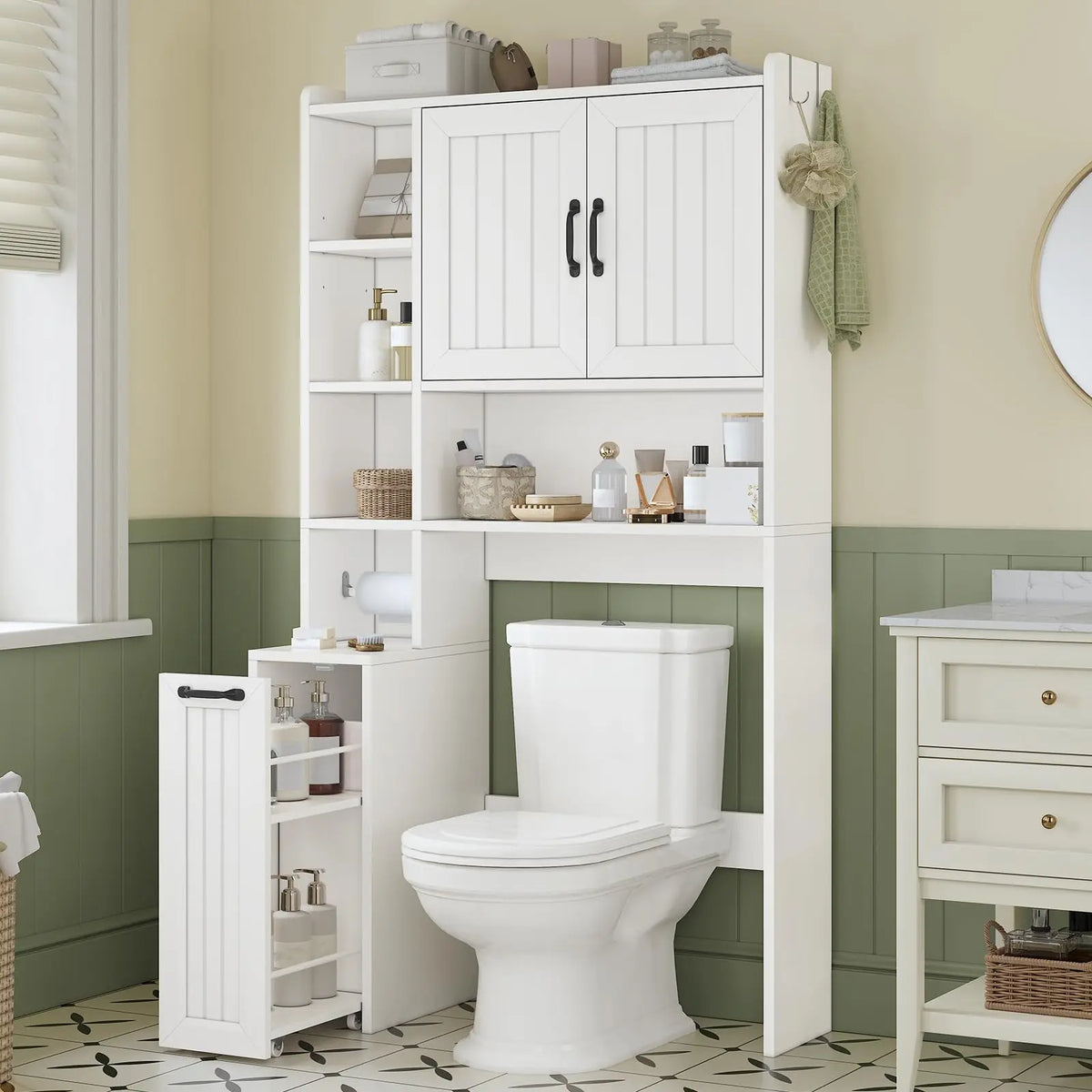 White Over-Toilet Cabinet with Shelves and Slide-Out Rack