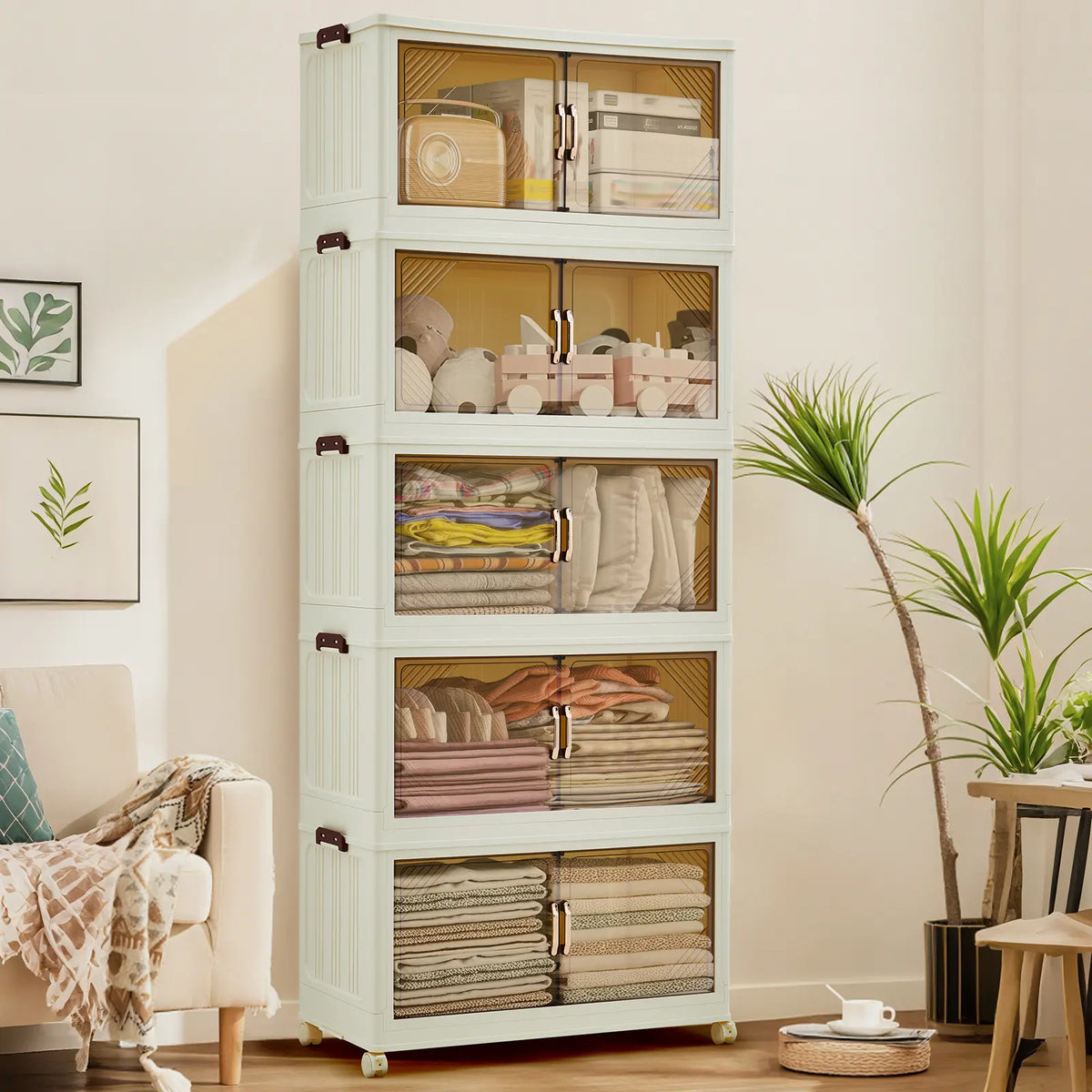 Stackable Cream Storage Cabinet With Clear Doors