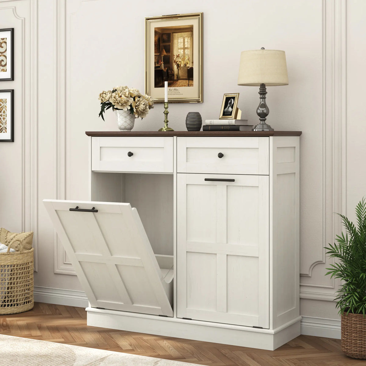 White Wood Cabinet with Tilt-Out Door and Two Drawers