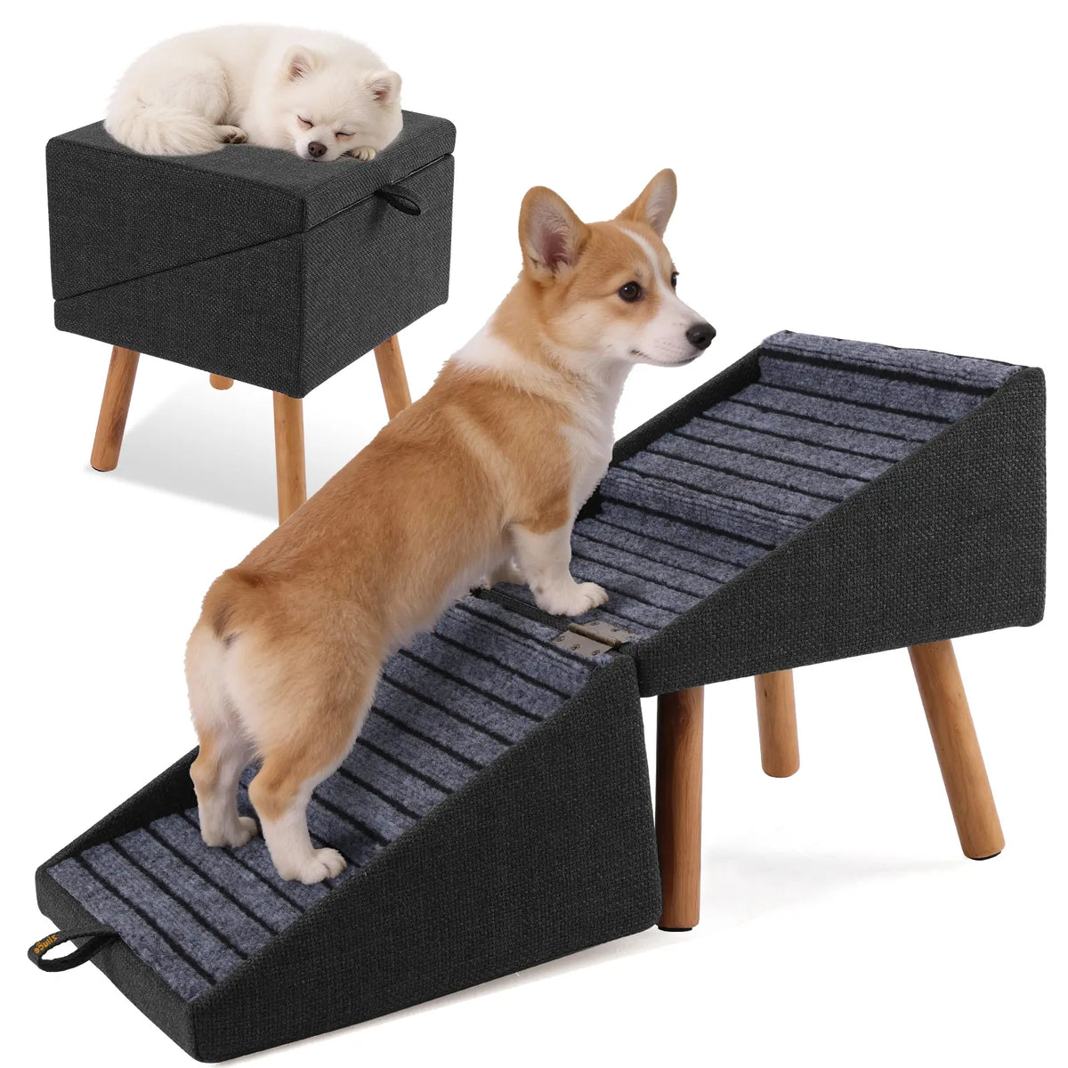 Charcoal Fabric Pet Ramp With Wooden Legs