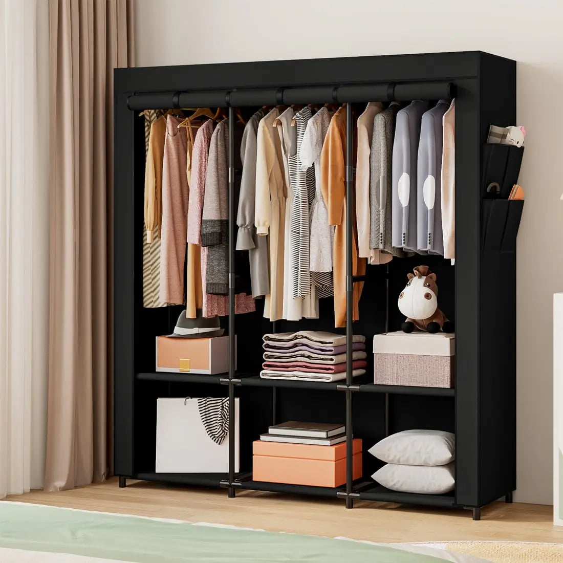 Black Fabric Wardrobe with Rail and Side Pockets