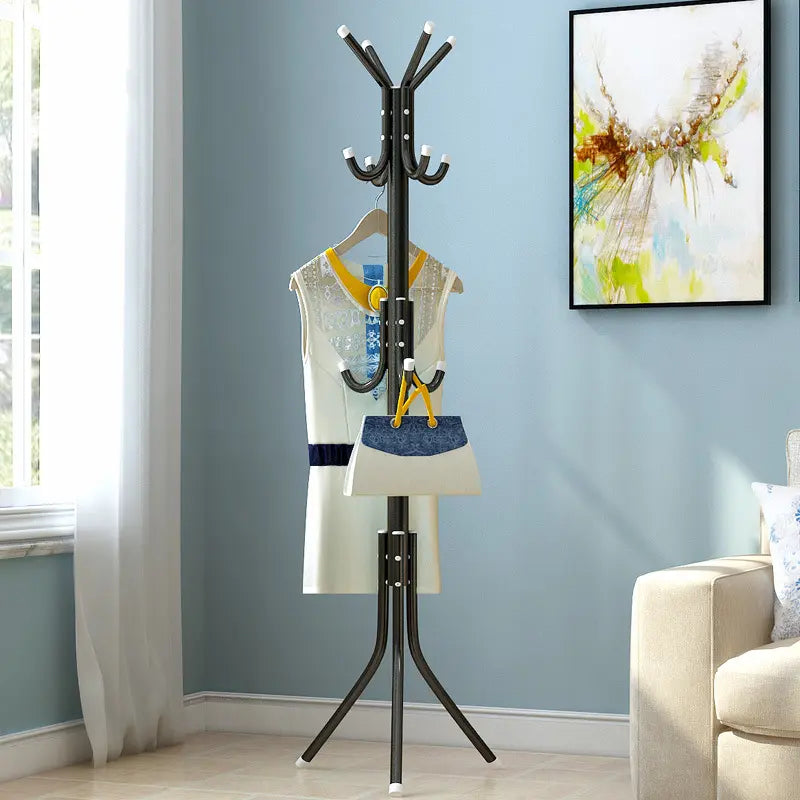 Freestanding Black Metal Coat Rack with Twelve Hooks