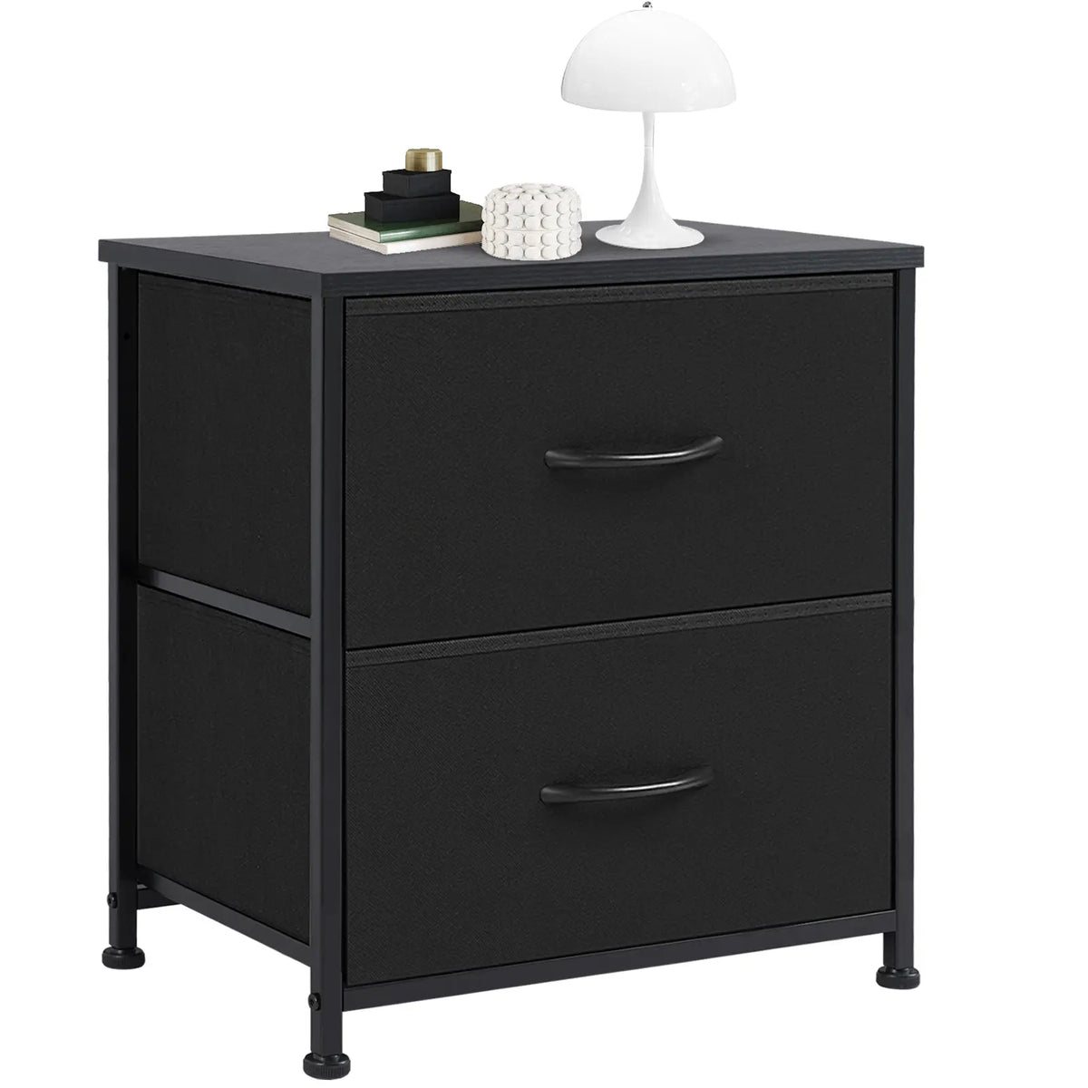 Black Two-Drawer Nightstand with Metal Frame